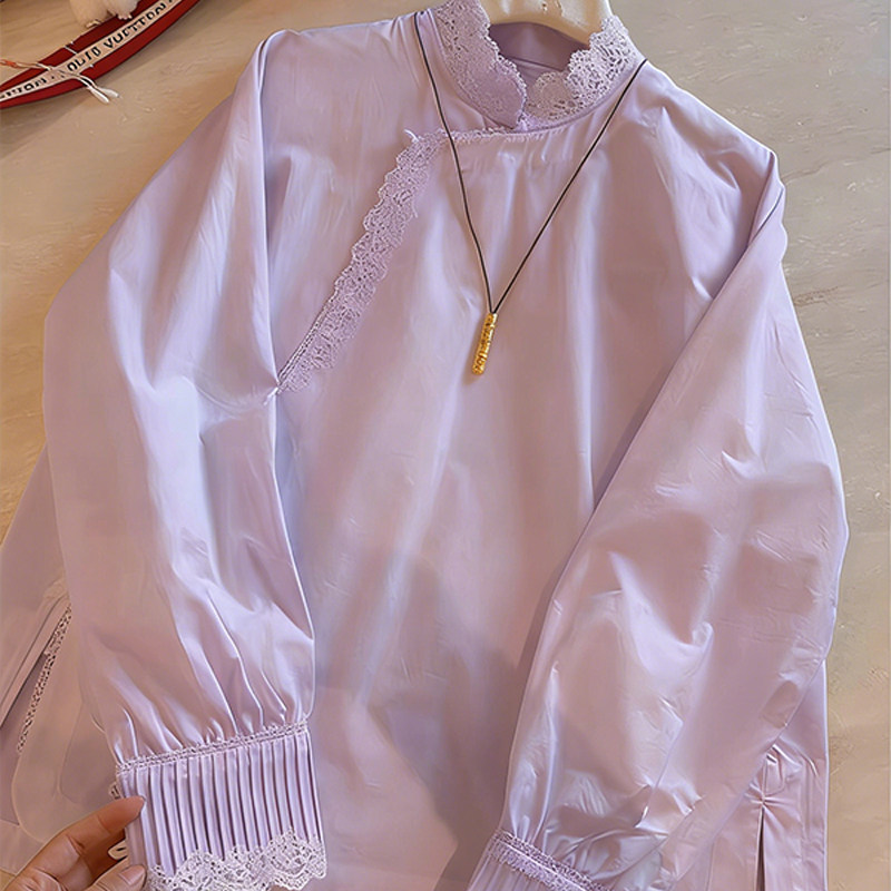 French-Style Purple Lace-Trimmed Long-Sleeve Shirt for Women, 2026 Spring New Model, Chic and Beautiful Top with a Tea-Inspired Vibe