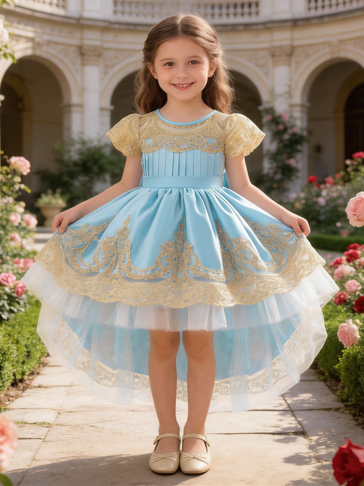 Nuevo vestido de encaje vestido de cascada plegable vestido de princesa vestido de cola de niñas vestido de niños vestido