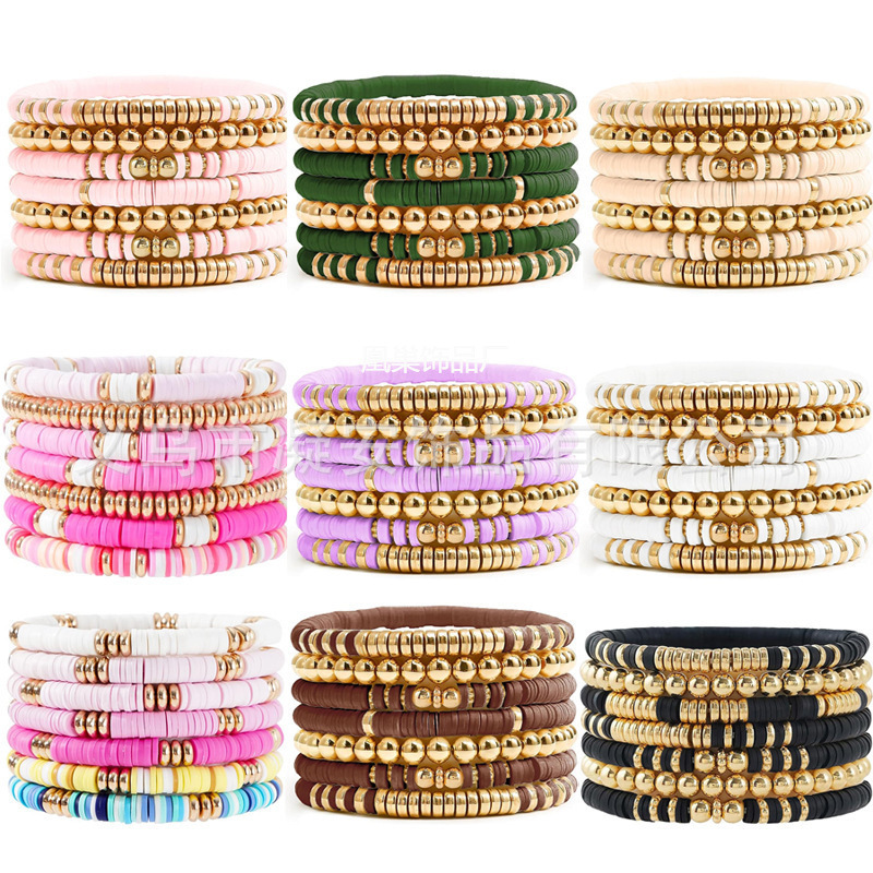 Amazon Hot Selling European and American Cross-border Bohemian Bracelet suit Color Soft Ceramic Gold Round Bead Bracelet