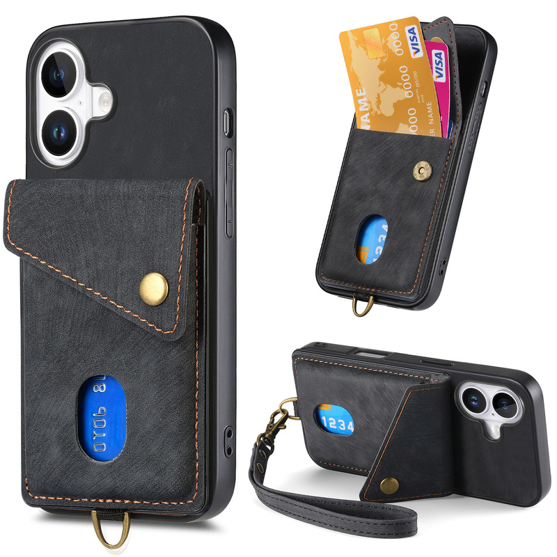 Suitable for Iphone18Promax Leather Retro Phone Case with Card Holder and Card Slot, Solid Color Apple 17 Phone Protective Case