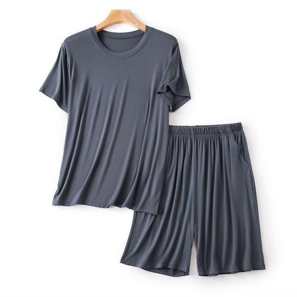 Modal Men's Round Neck Pajamas Set Summer Casual Outer Wear Solid Color Large Size Loose Short-Sleeved Shorts Two-Piece Set