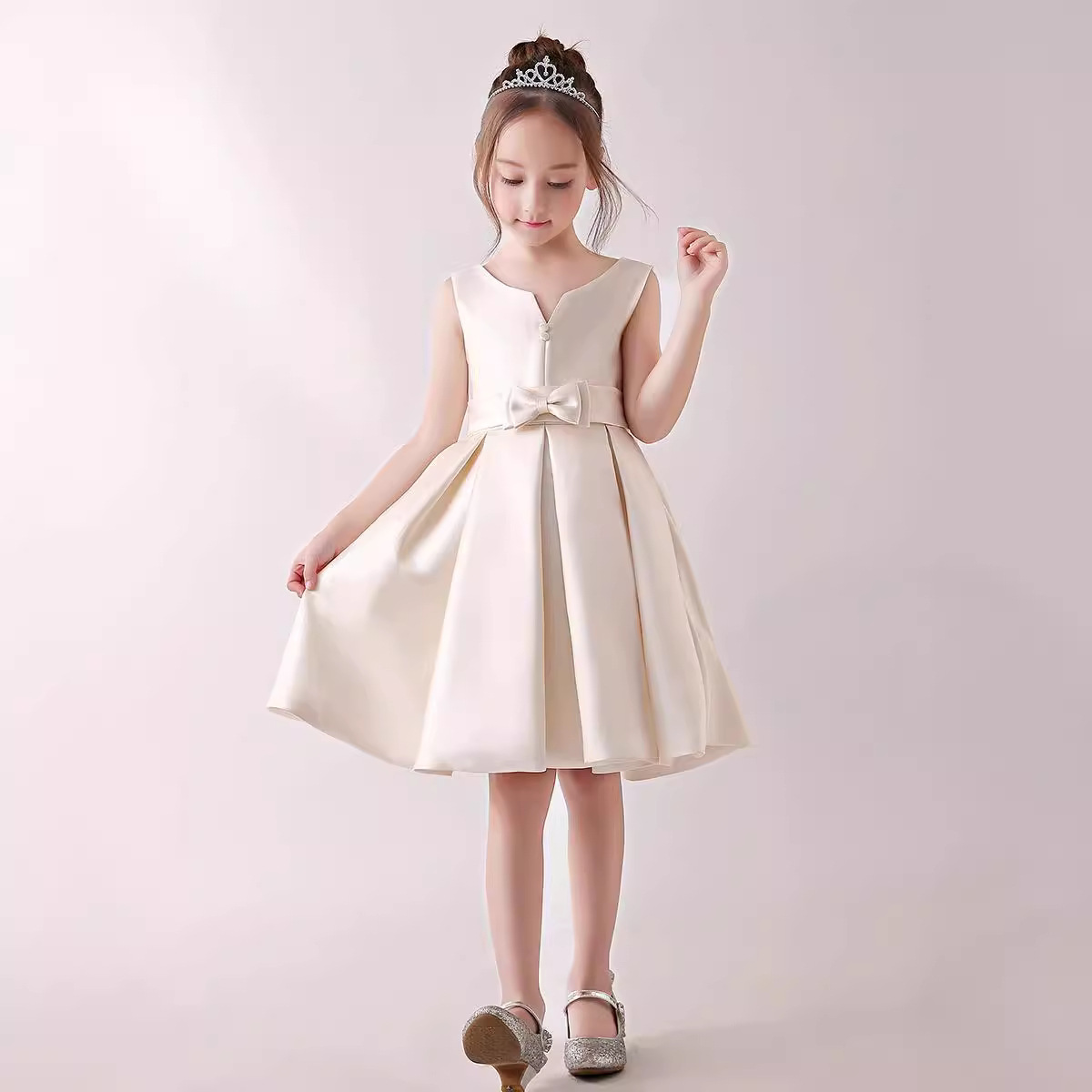 Princess Puff Sleeve Dress For Girls – Elegant Chiffon Flower Girl Gown, Birthday & Piano Recital Dress (Champagne, Burgundy)_voghion.com