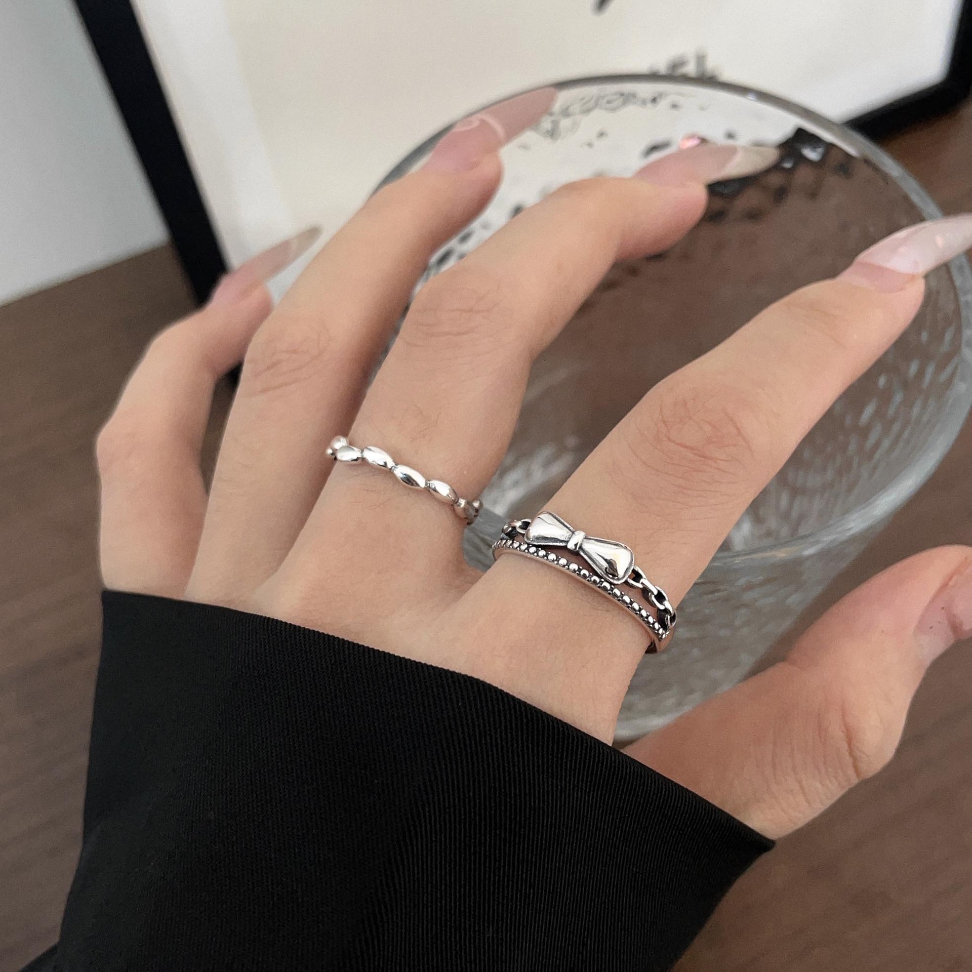 s925純銀韓版蝴蝶結雙層戒指女ins風小眾高級輕奢水滴形開口指環