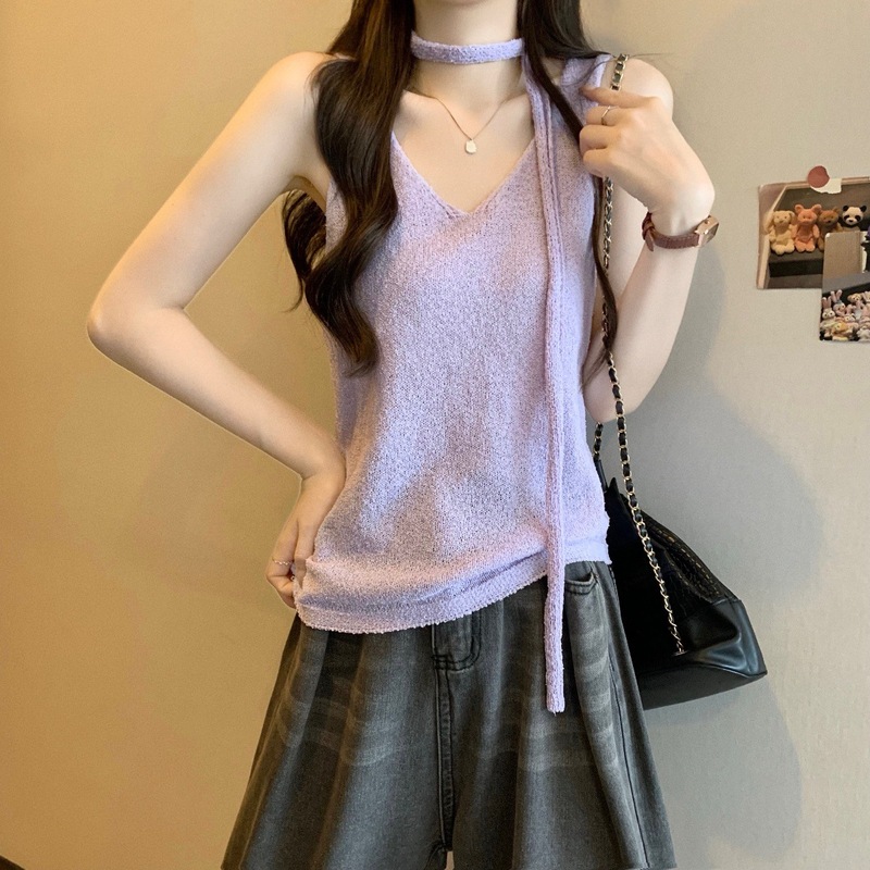 新しいフレンチVネックスリムホットガールスリムフィットノースリーブニットベストサスペンダー|undefined