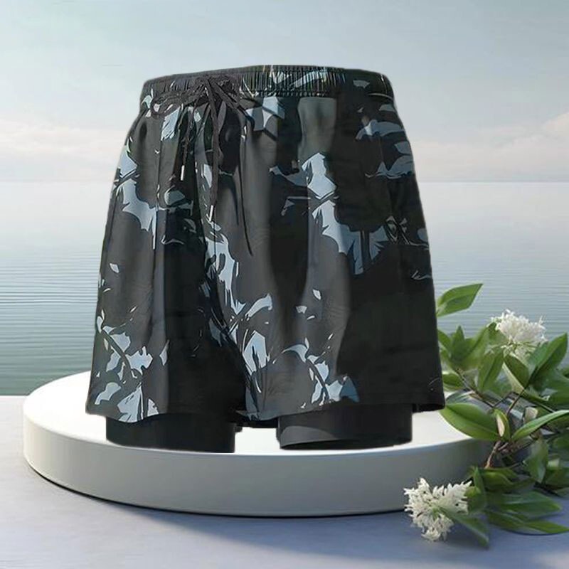 Trendy Men's Comfortable Lining Double-Layer Anti-Embarrassment Men's Five-Point Boxer Shorts with Rope Beach Pants for Swimming