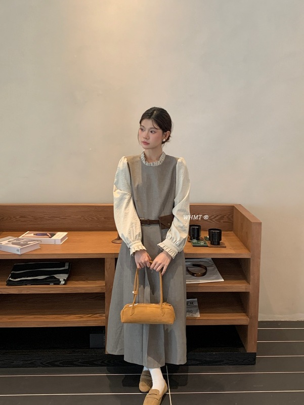 【WOW】韩系氛围感木耳花边领拼接假两件百褶显瘦连衣裙(配腰包)|undefined