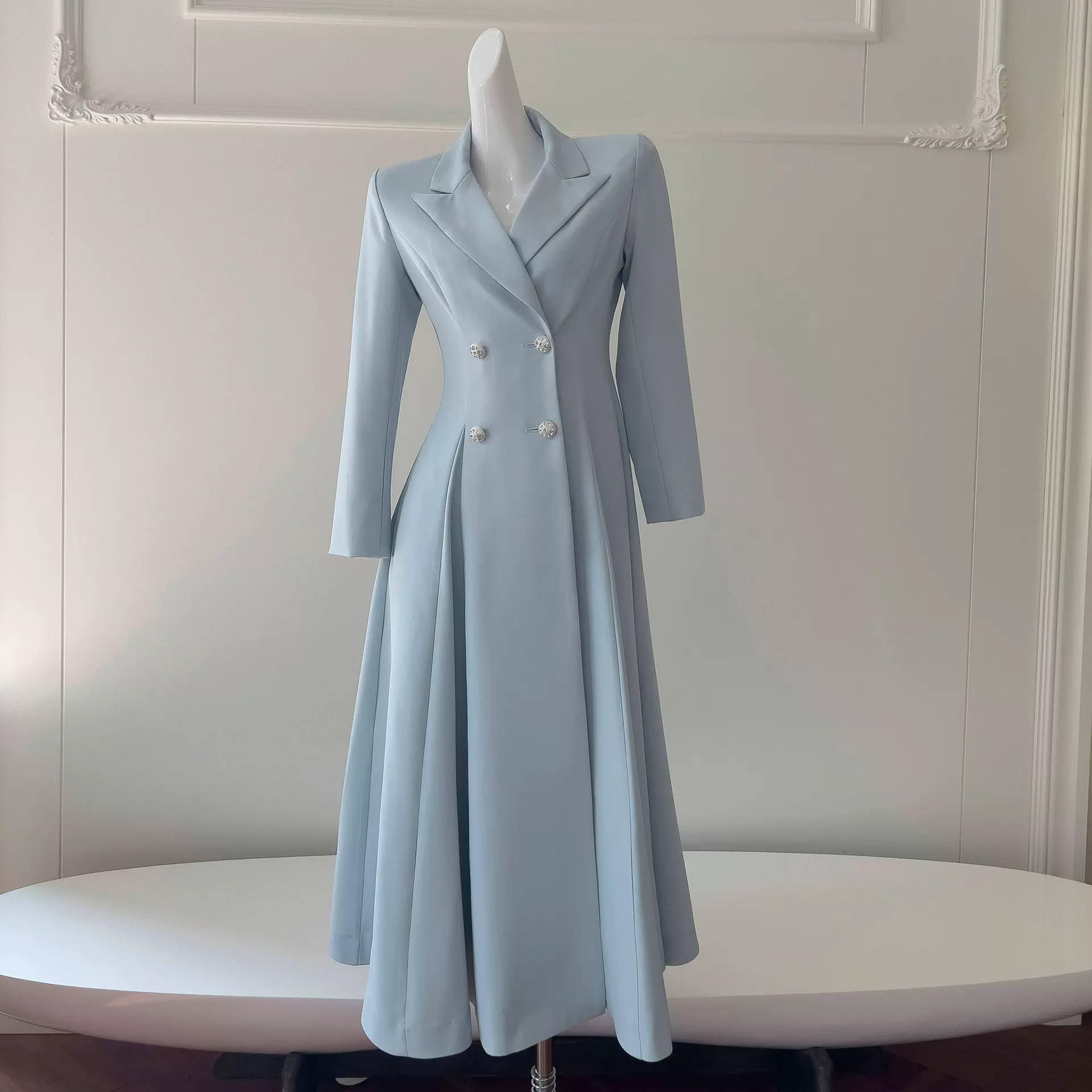 衣阁里拉2024秋冬新品清水蓝气质长款西装礼服日常连衣裙女 68830