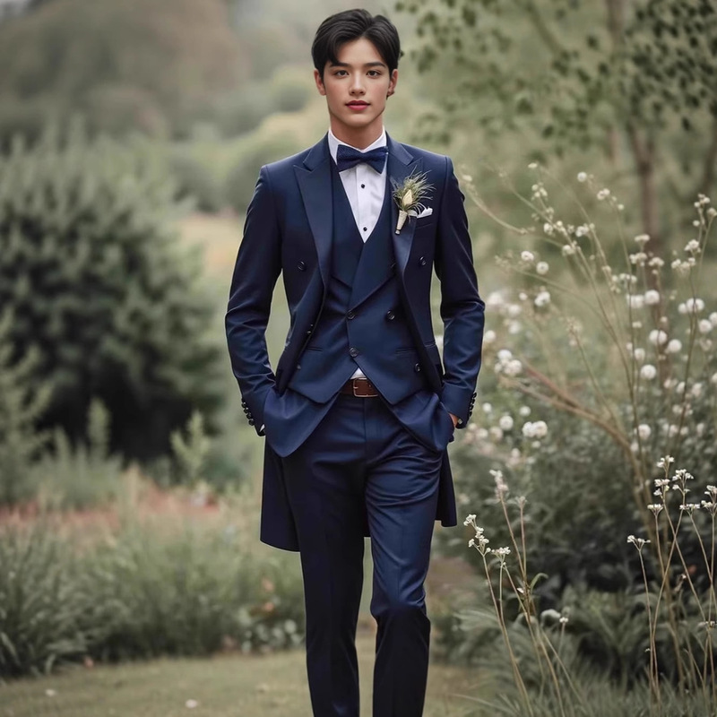Foreign Trade Cross-Border Men's Three-Piece Suit for Wedding, Stage Host, Conductor, Piano Competition, Tuxedo, Formal Wear, Summer