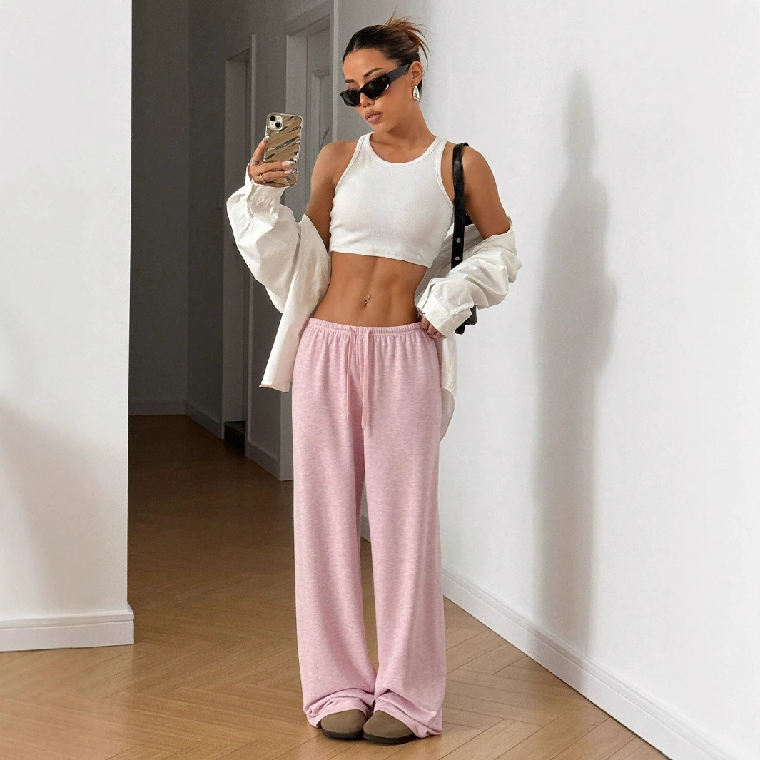 Женские широкие брюки-палаццо из двухцветной ткани с эластичным шнурком, новинка 2025 года, европейский и американский стиль