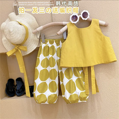 Korean-style stylish pastoral-style backless set thin sleeveless top for girls polka dot lantern pants two-piece set cotton