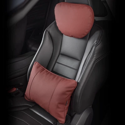 Lumbar Support Nappa Leather Waist: Headrest - nappa-leather-volcanic-red-headrest-lumbar-support-set