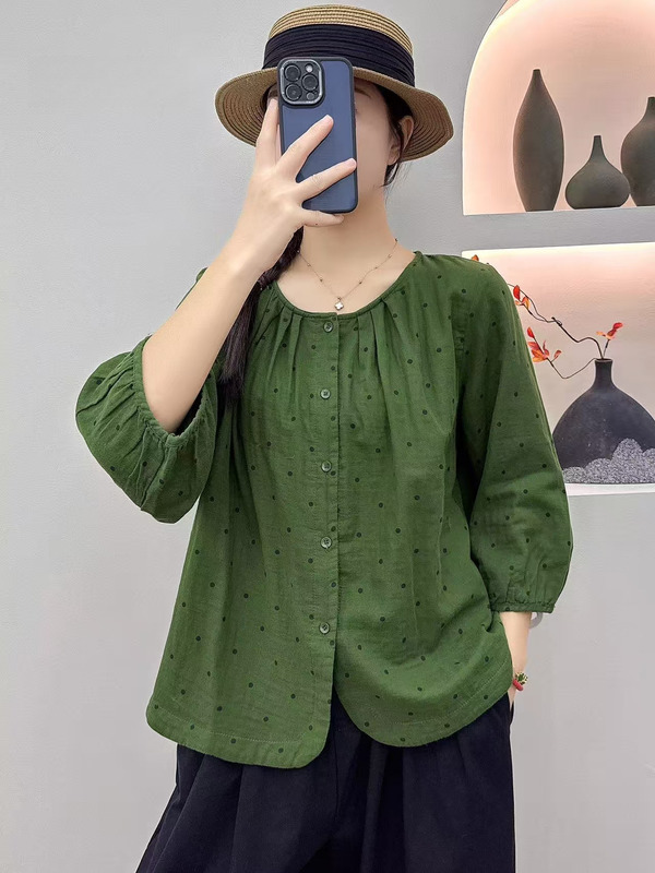 文艺小碎花印花圆领双层棉纱衬衫女秋季新款宽松大码休闲显瘦上衣|undefined