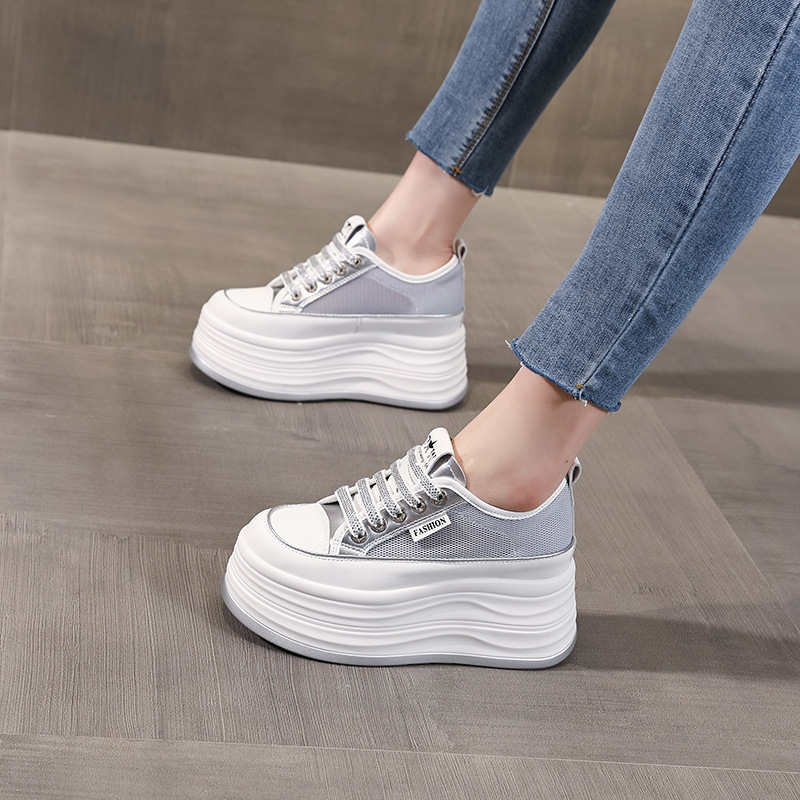 Giày sneaker nữ đế dày chunky mặt lưới thoáng khí phối trắng dễ mặc — Màu trắng bạc