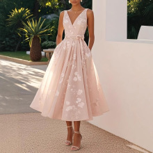 2025欧美女装礼服宴会晚礼服 亚马逊 无袖背心V领 数码印花连衣裙