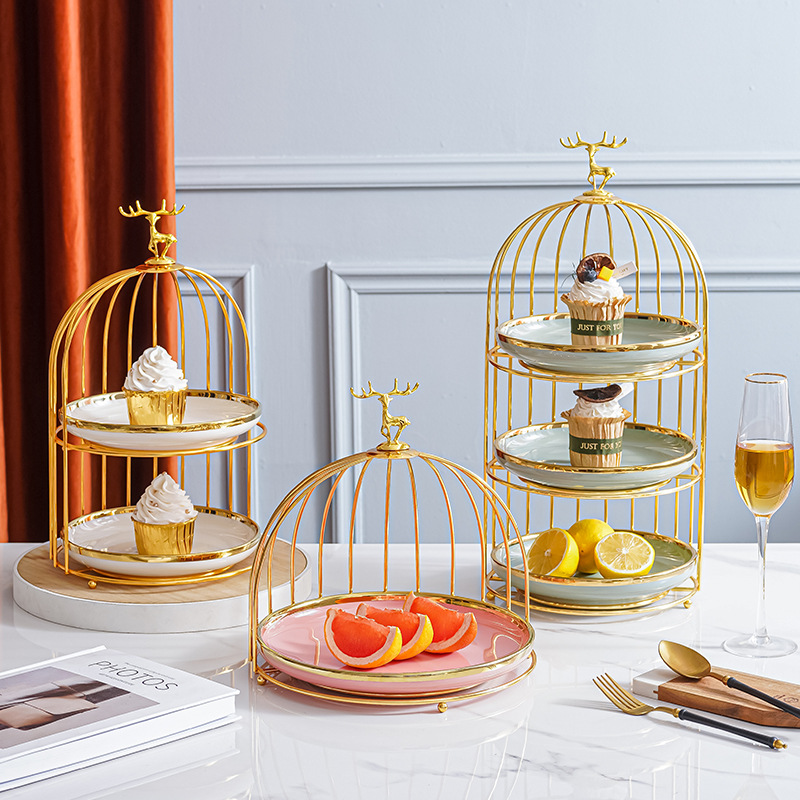 Plato de fruta de cerámica de lujo ligero mesa de café de la sala de estar cesta de frutas en casa plato de pastel de caramelo creativo adornos de almacenamiento de postre de doble capa