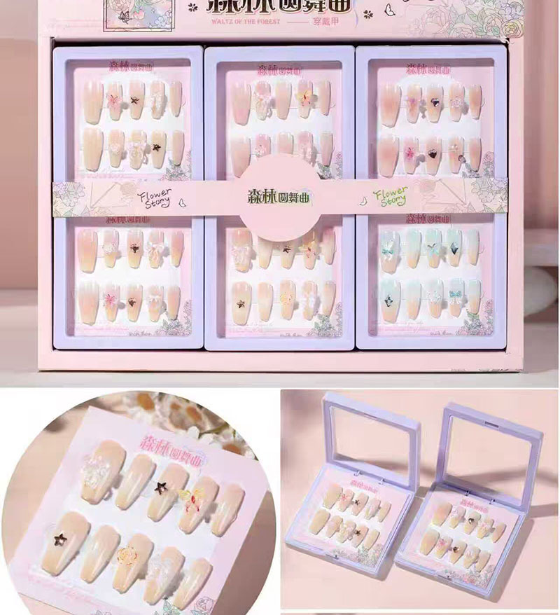 Nuevo desgaste de la serie de mariposa de uñas etiquetas de uñas niñas caja de almacenamiento transparente etiquetas de uñas falsas niñas etiquetas de uñas cortas