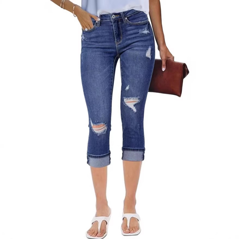 Cross-Border European and American New Style Spring and Autumn Dark Blue Mid-Waist Stylish Commuter Ripped Denim Washed Cropped Cotton Jeans