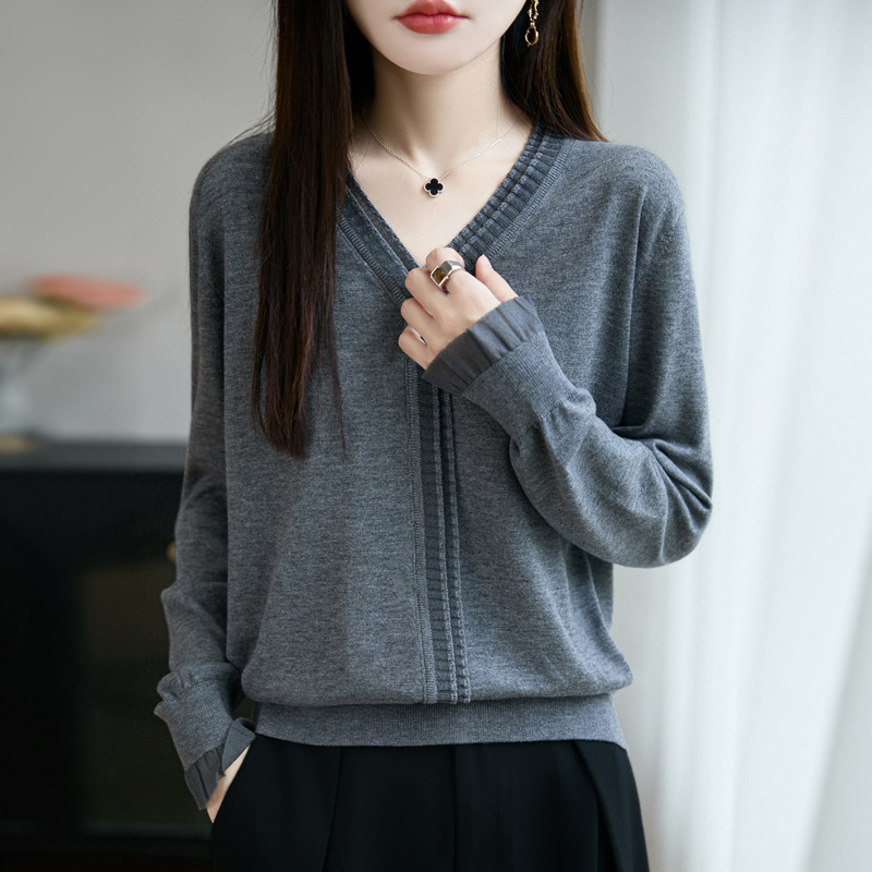 新款柔软v领针织衫女软糯气质毛衣时尚百搭上衣洋气显瘦V领打底衫|undefined