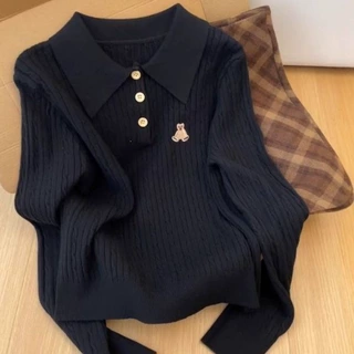 韩式学院风polo领长袖针织衫女秋季穿搭白色小熊刺绣高级感衣潮