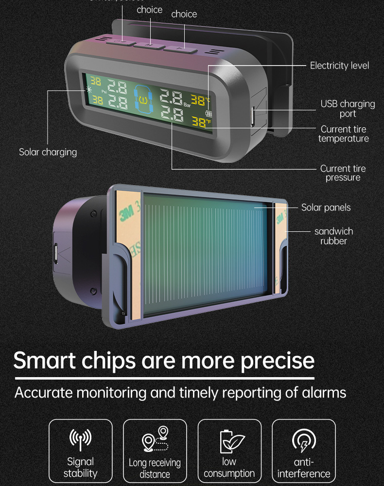 T14 tire pressure monitor sensor internal and external 360 rotating solar high precision universal tire detector
