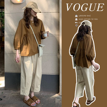 孕妇套装夏季新款宽松七分袖孕妇衬衫+拖腹棉麻九分裤孕妇两件套