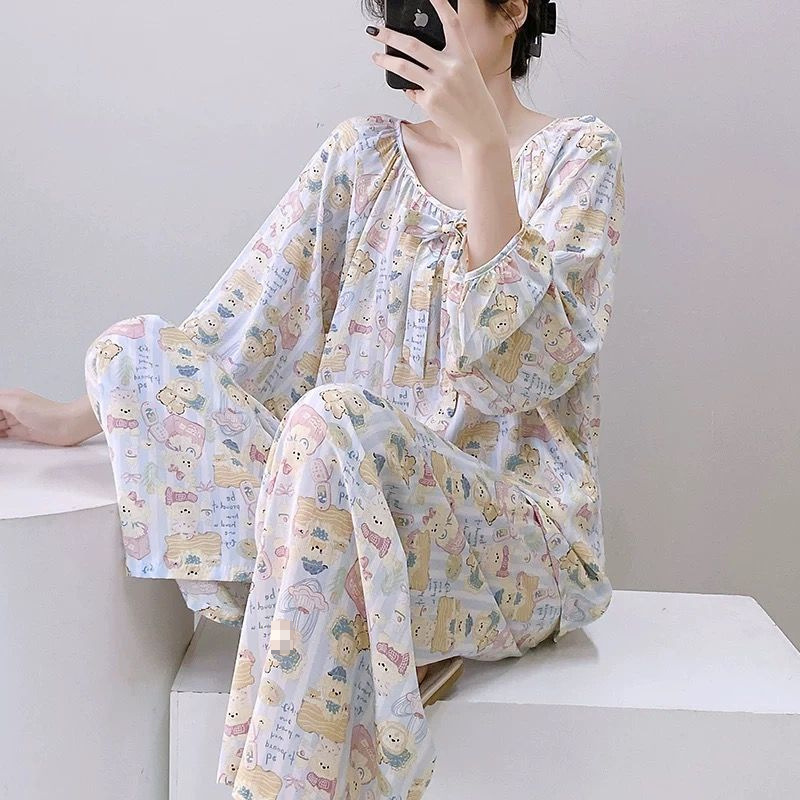 綿シルクパジャマセット女性のホーム服春と夏のパジャマ女性の夏フレンチレトロラウンドネック屋外で着用可能|undefined