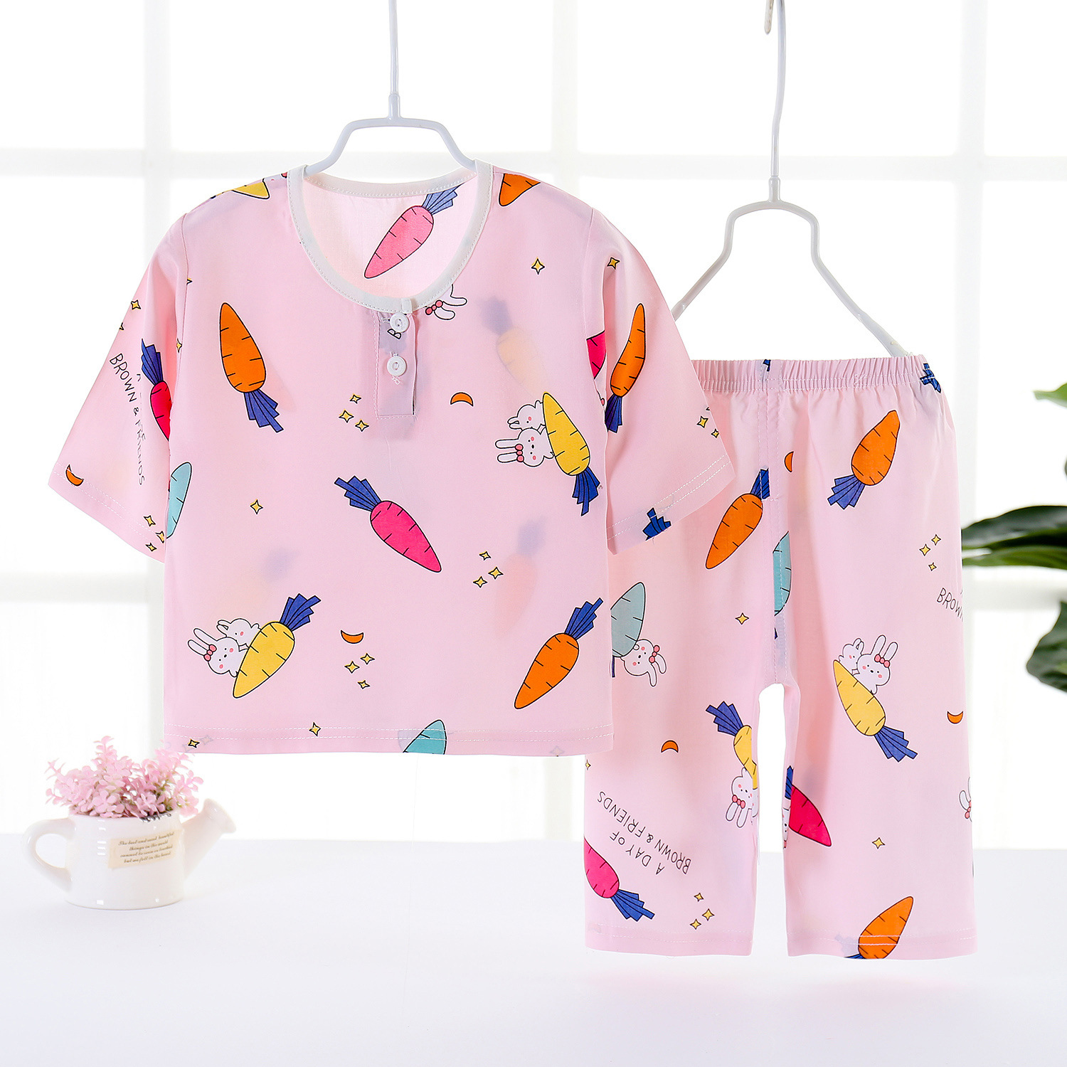 夏季寶寶薄款兒童睡衣套裝嬰幼兒棉綢七分袖空調服家居服兒童夏裝