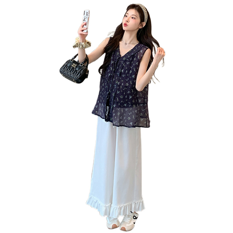 2025 verano nuevo estilo pequeño tirantes florales sin mangas top con volantes pantalones anchos durante el embarazo traje de maternidad