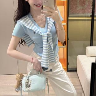 Pony Embroidered Stripesd Shawl Ice Silk Knitted Short-Sleeved Two-Piece Summer 2025 New V Neck Fashion Top for Women