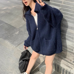秋冬新款高级感翻领拉链针织开衫女宽松慵懒风软糯加厚毛衣外套潮
