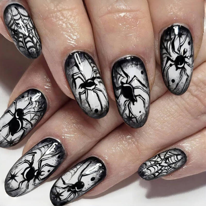 Cross-Border Holiday Halloween Horror Spider Gothic Style Black and White Almond-Shaped Wearable Nails Boutique Nails