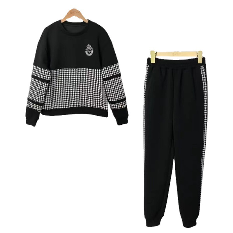 Vêtements pour femmes rétro pied-de-poule couture col rond lâche tricoté mode pantalon de sport décontracté costume deux pièces pour femmes_voghion.com