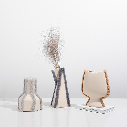 Nordic Minimalist Geometric Flocked Ceramic Vase Sample Room Living Room Sideboard Creative Home Decor Unique Accent
