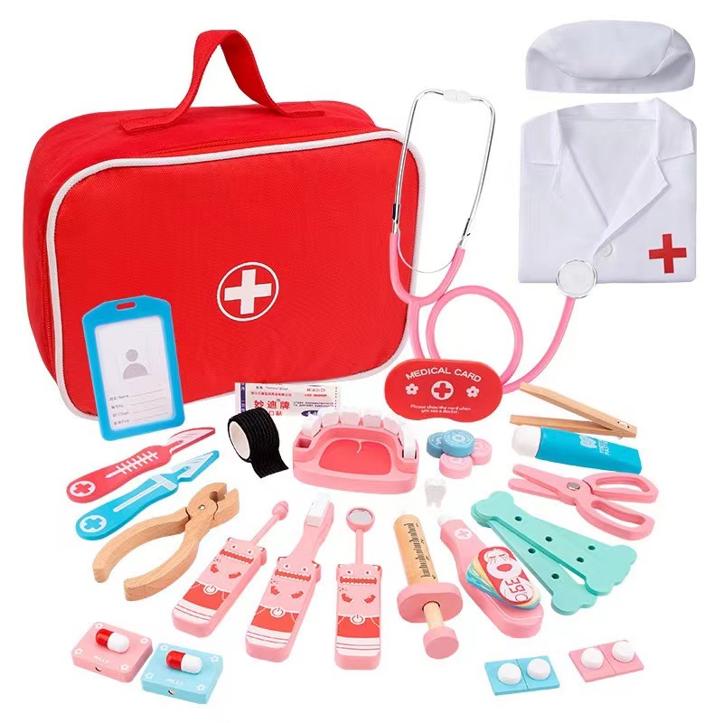 Educación Temprana de los niños y niñas educativos madera simulación paño bolsa medicina caja papel jugar sobre el hogar Juguetes