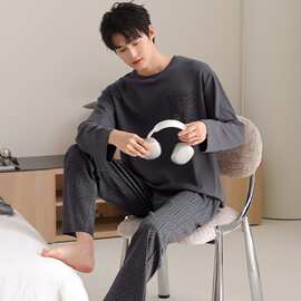 【L-4XL】春秋新款纯棉男士长袖长裤套头睡衣印花休闲男家居服