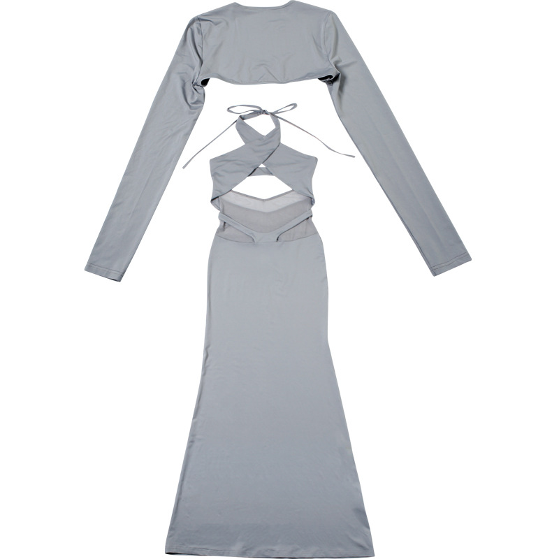 Conjunto de vestido de primavera para mujer, blusa de manga larga ajustada de color liso con cuello halter y cordones.