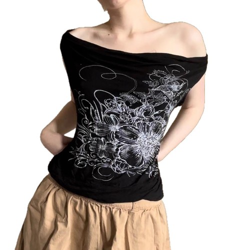 2025 European and American Women's Retro Print Swing Collar Backless Top with Two-Way Design, One-Shoulder Sleeveless Slimming Stylish Top