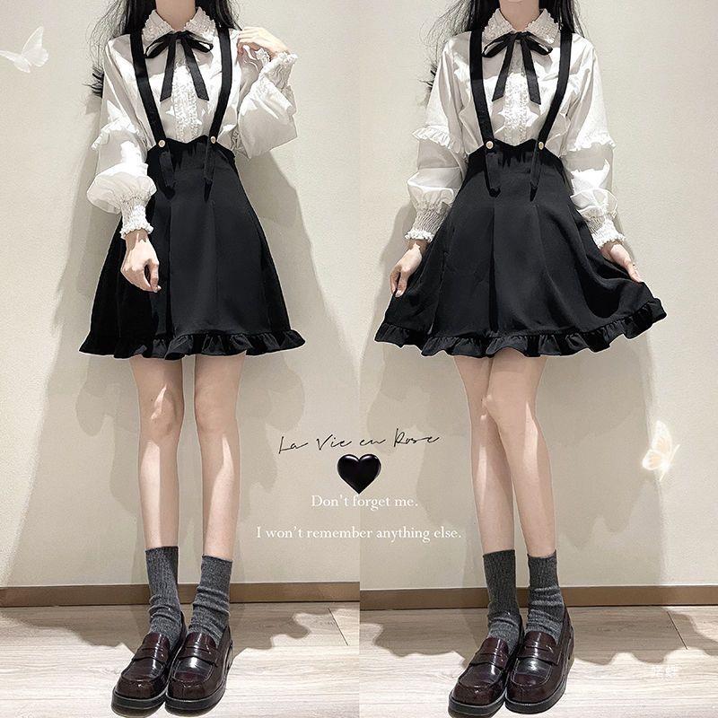 RUODIE 봄과 여름 새로운 유니폼 스트랩밴드 스커트 세트 아카데미 스타일 돛 세트 셔츠 투피스 세트