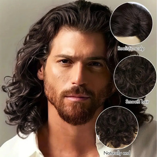 2025 New Men's Wig Side Parted Brown Men's Retro Wavy Long Curly Hair Rose Mesh Buckle Manufacturer Batch