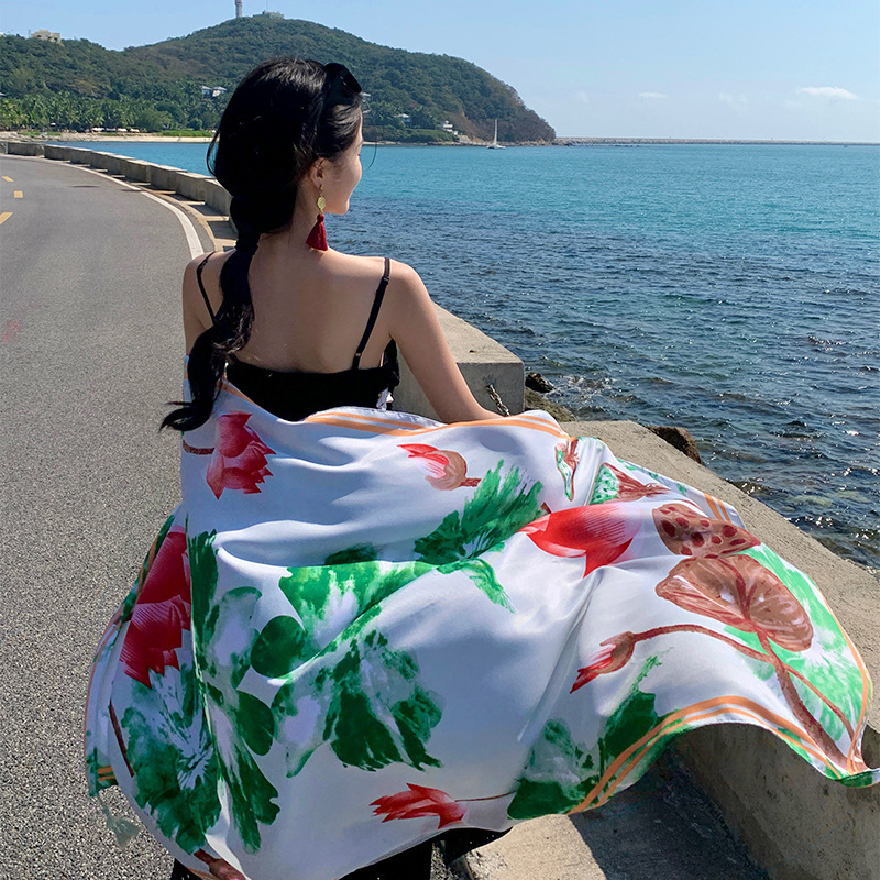 Primavera y verano nuevo estilo étnico Toalla de playa Flor de raíz de loto playa viajes protector solar bufanda algodón y lino sensación exterior chal
