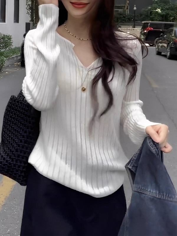 法式感漂亮白色V领上衣女2025年秋季新款针织衫设计小众|undefined