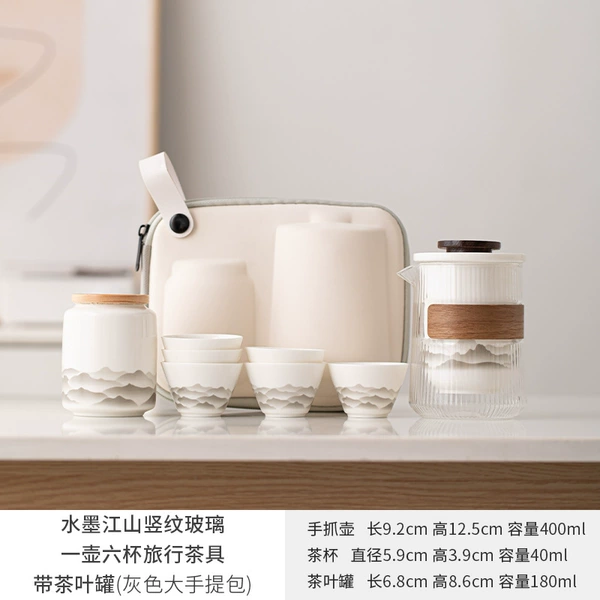 One pot of six cups of ink and water vertical patterns + tea pot