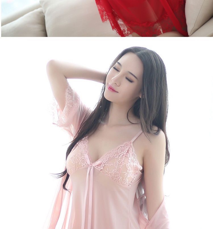 Xiu Cai Sha Three-Piece Mesh Babydoll Set with Suspenders and Thong, Dusty Rose — detail image 8