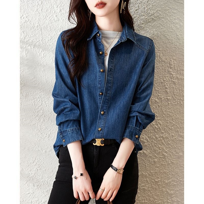 Korean Retro Polo Collar Long-Sleeved Denim Shirt, New Spring and Autumn Style, High-End, Elegant, Slimming Women's Top Jacket