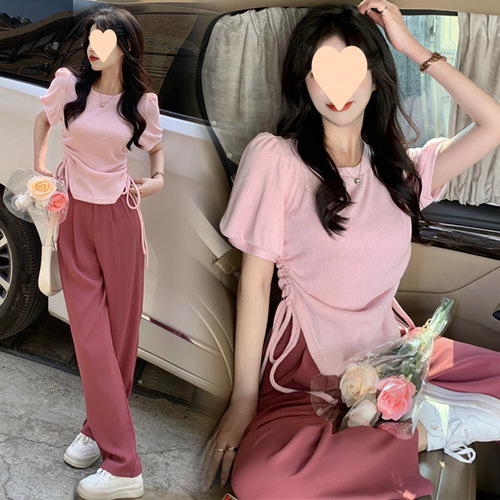 Summer Sporty Casual Set for Women, Hot Girl Style, Drawstring Top + High-Waisted Wide-Leg Pants, Versatile Student Two-Piece Set