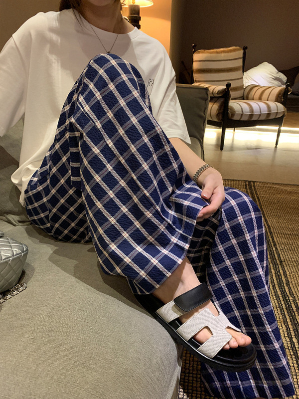 Gejia モールの同じスタイルの女性の 2025 夏怠惰でリラックスしたルーズチェック柄パンツ女性のワイドレッグカジュアルパンツ女性|undefined