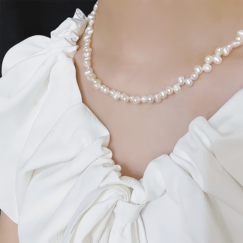 法式復古美國14k包金S925純銀扣三七孔米珠天然淡水珍珠鎖骨鏈