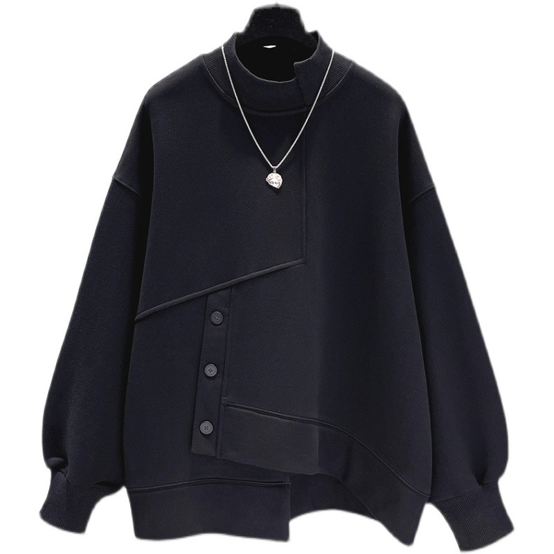 "Women's Oversized Cropped Fleece Pullover Semi-Turtleneck Sweatshirt Korean Casual Thickened Long Sleeve Top White/Black"_voghion.com