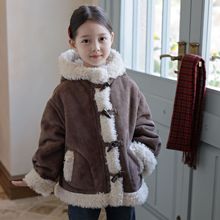现货加厚加软不掉毛麂皮绒女童皮草冬季保暖连帽儿童皮毛一体外套