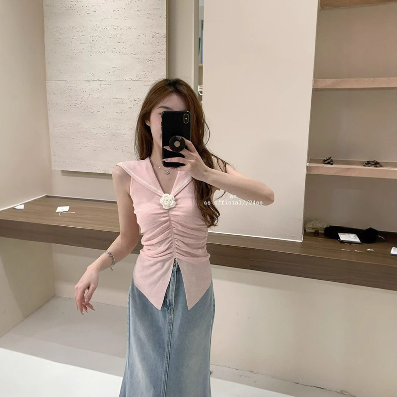 Academy-style navy collar three-dimensional flower chic beautiful top pleated design waist pinch vest women's summer